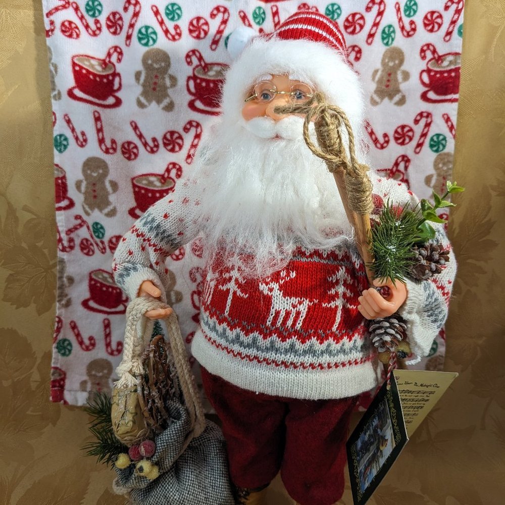 Delightful Nordic Santa Snow Shoes Ski Poles Red Pattern Sweater Ski Hat 18"
